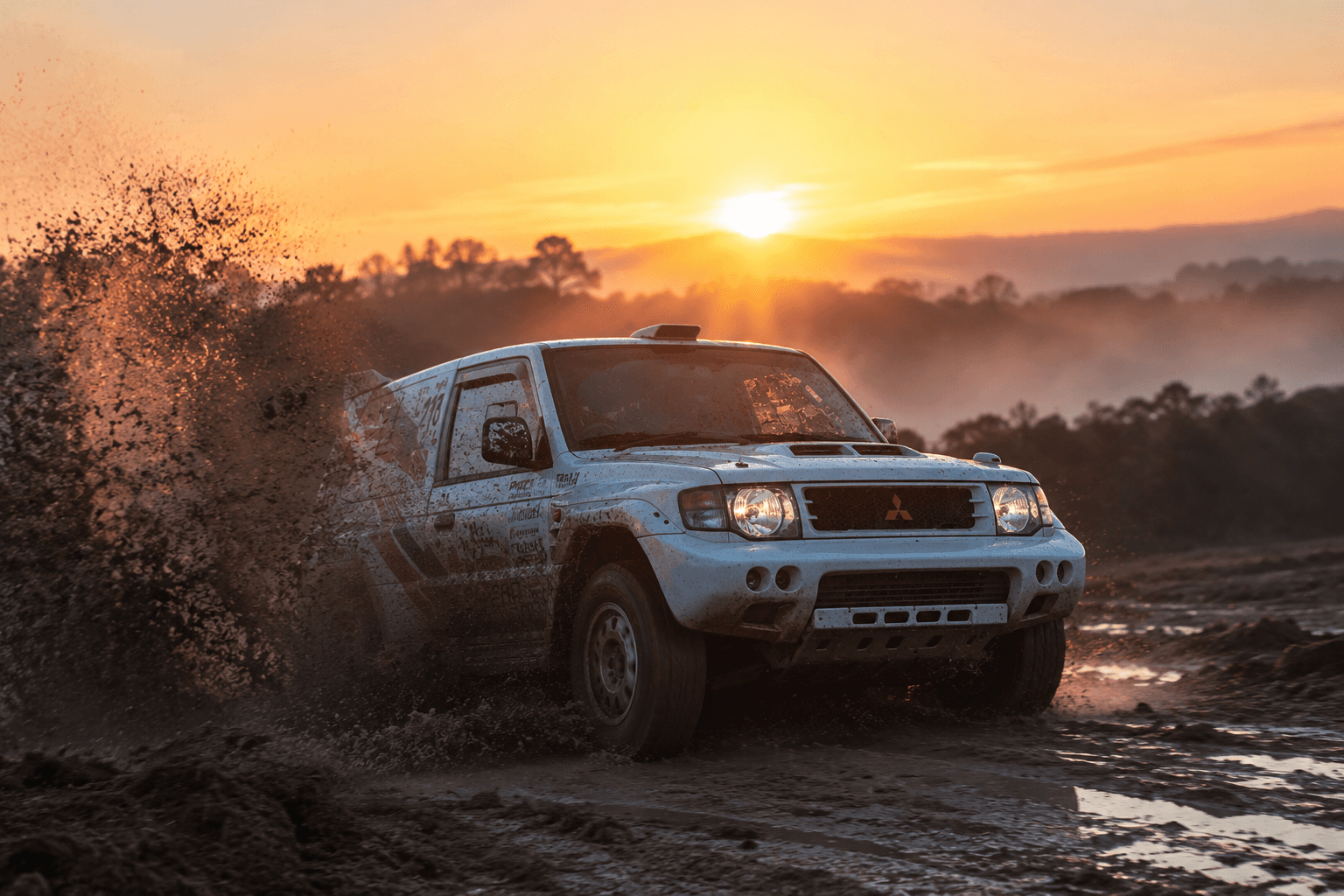 Mitsubishi Pajero Evolution acelerando na lama ao pôr do sol